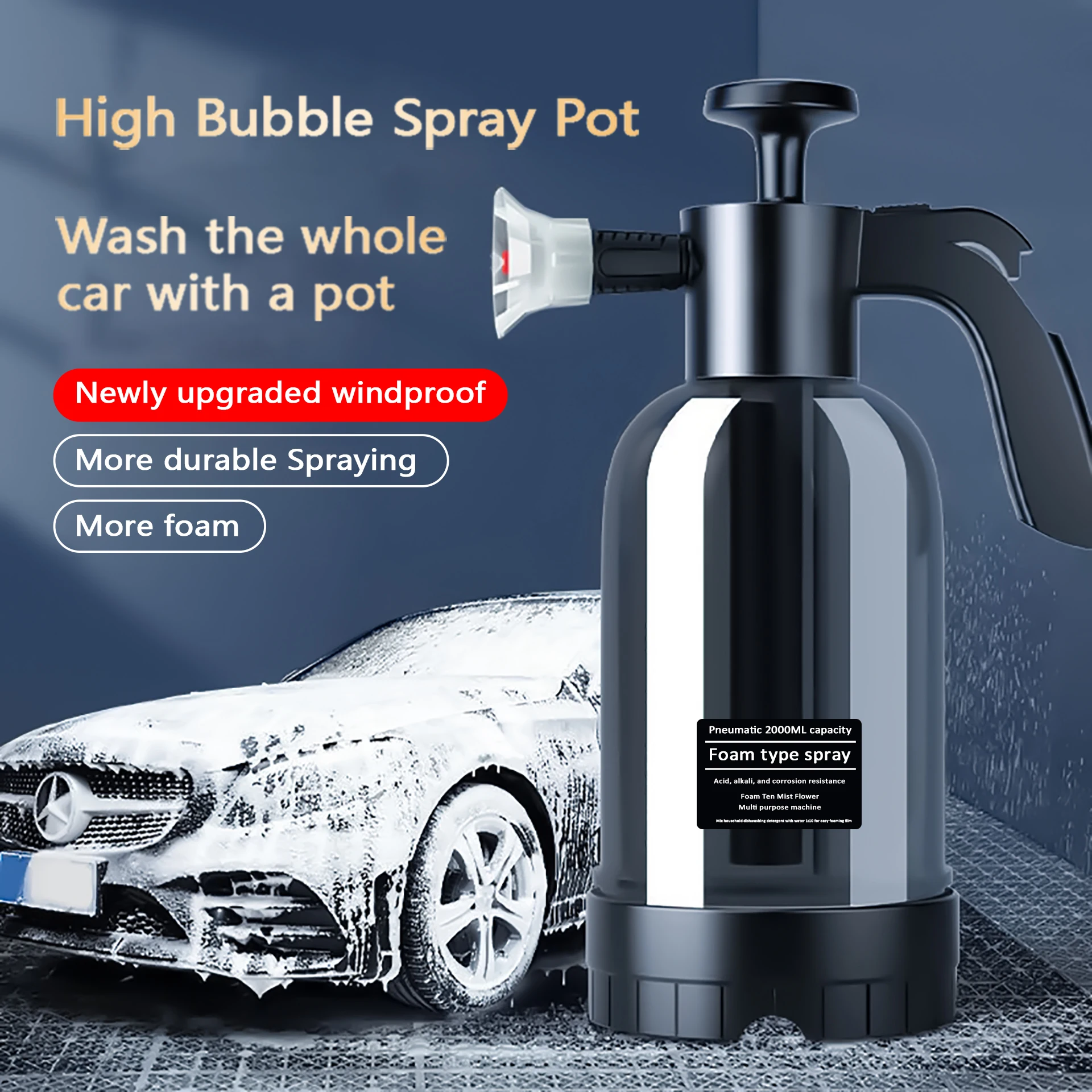 2L Hand Pump Foam Sprayer with 3 Types of Nozzle Hand Pneumatic Foam Cannon Snow Foam Car Wash Spray Bottle Car Window Cleaning