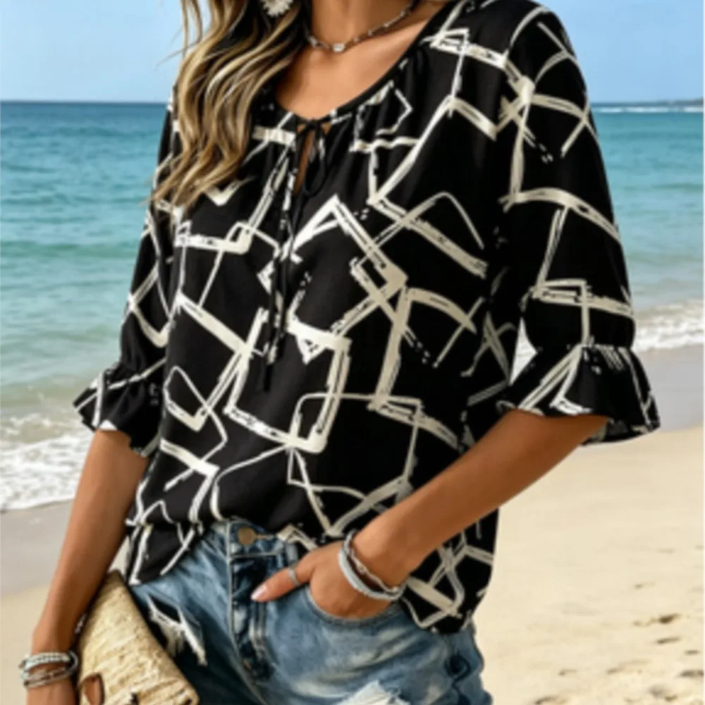 

Women's Black White Abstract Geometric Line Print Tie Neck Blouse Ruffle 3/4 Sleeve Casual Modern Loose Office Top