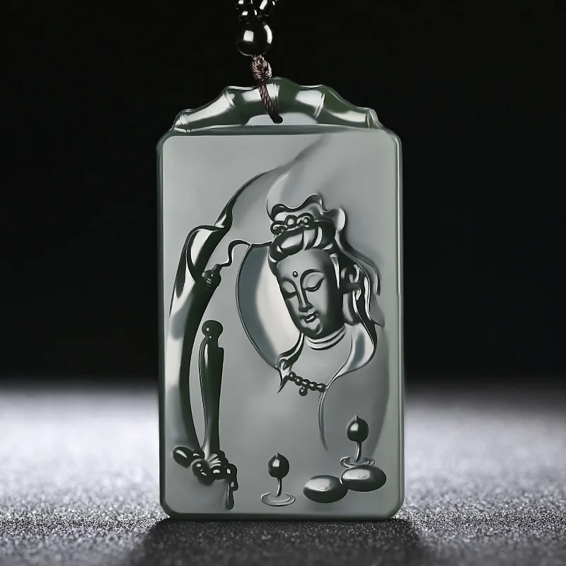 

Ювелирные изделия из натурального нефрита Хэтянь, нефрита, Цинюй, пагода, синяя двусторонняя резьба, Гуаньинь, мужской стиль