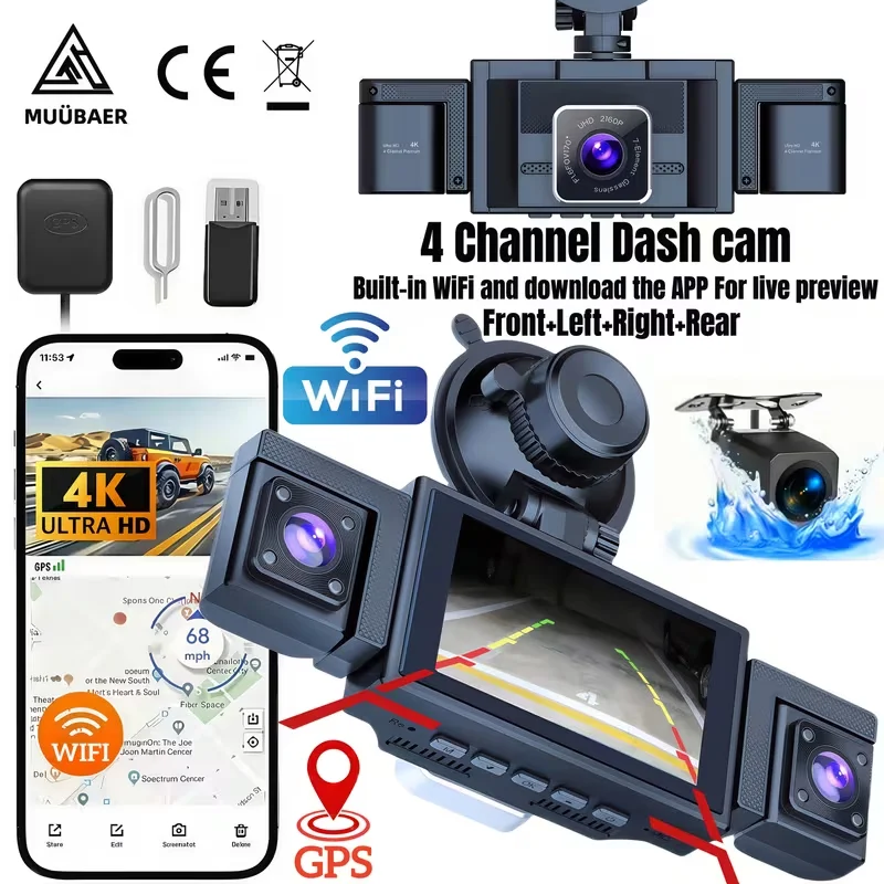 

4-Channel Dash Cam for Cars, 4K Front+1080P Left/Right/Rear, Built-in WiFi & GPS, 170° Wide Angle, IR Night Vision, G-Sensor