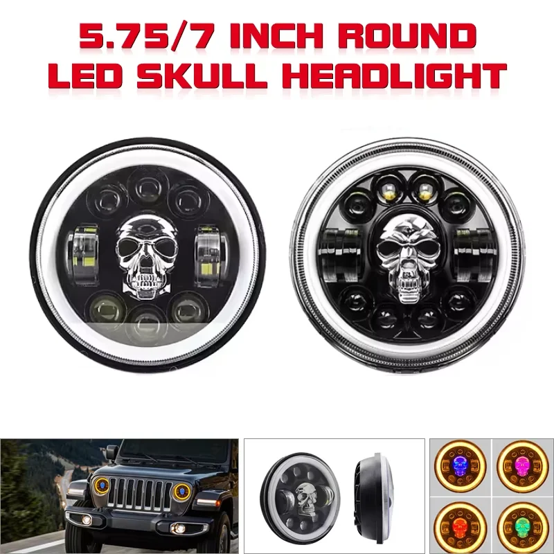 

5.75/7 Inch LED Skull Headlight DRL Amber Turn Signal Angel Eyes Motorcycle Headlamps For Harley Touring For Jeep Wrangler JK