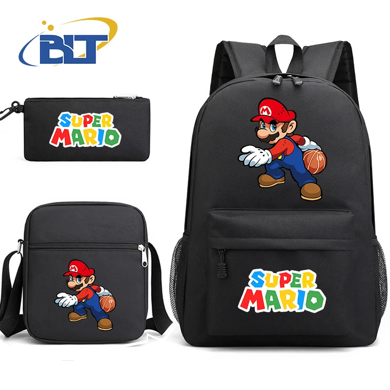 Conjunto de bolsa escolar masculina estampada MINISO Mario, mochila infantil, bolsa de ombro, estojo de lápis, conjunto de 3 peças