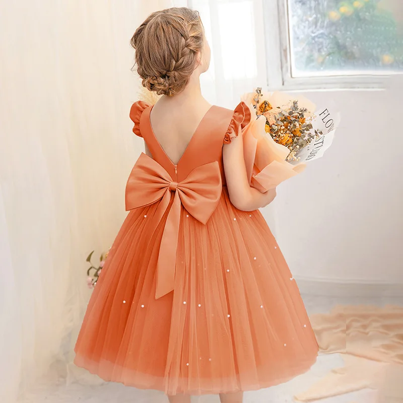

Kids Dresses For Girls Pearl Tulle Backless Children's Clothing Party Lace Bow Wedding Gown Princess Prom Girls Elegant Dress