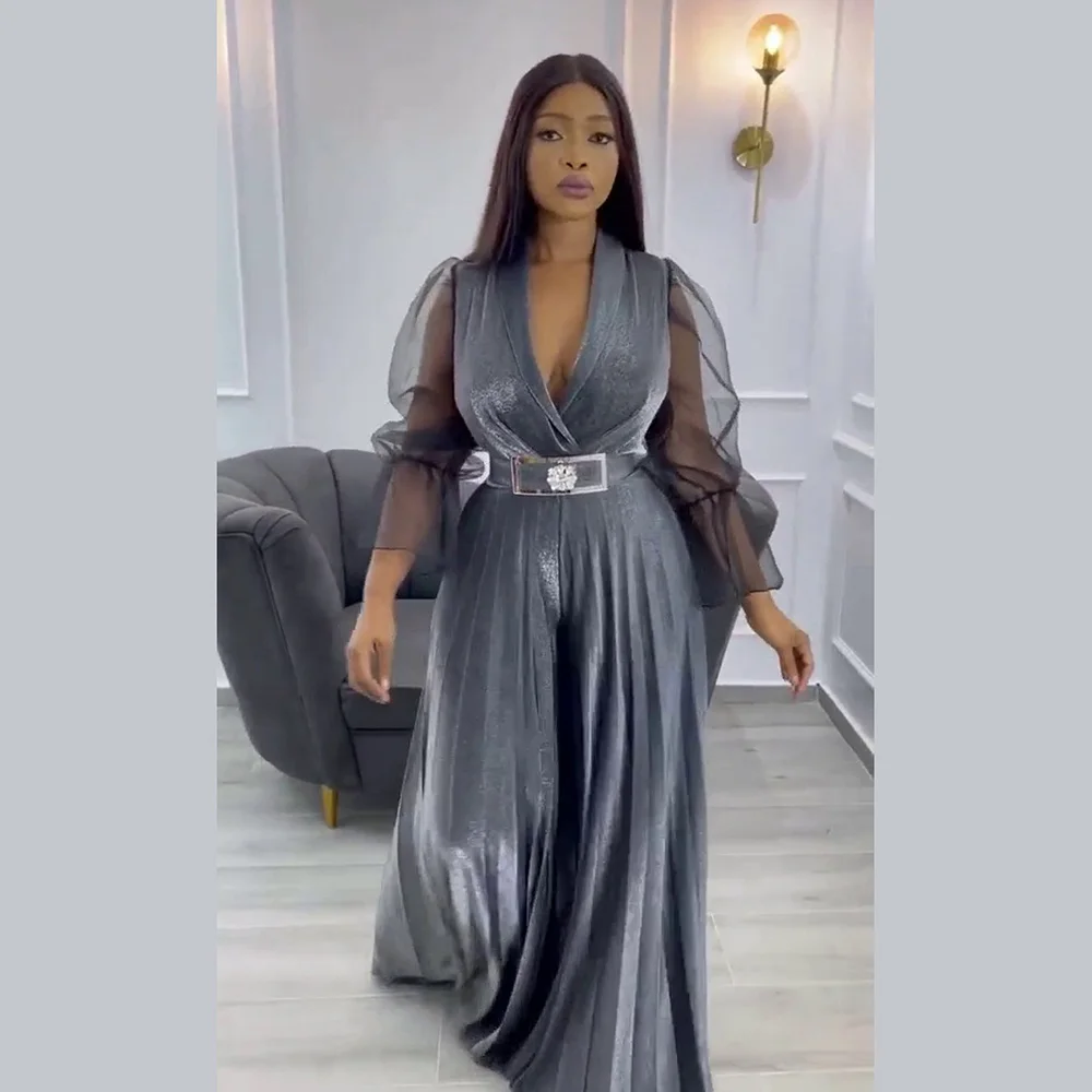 الأزياء المخملية مطوي بذلة واسعة الساق الخامس الرقبة حزام شبكة كم