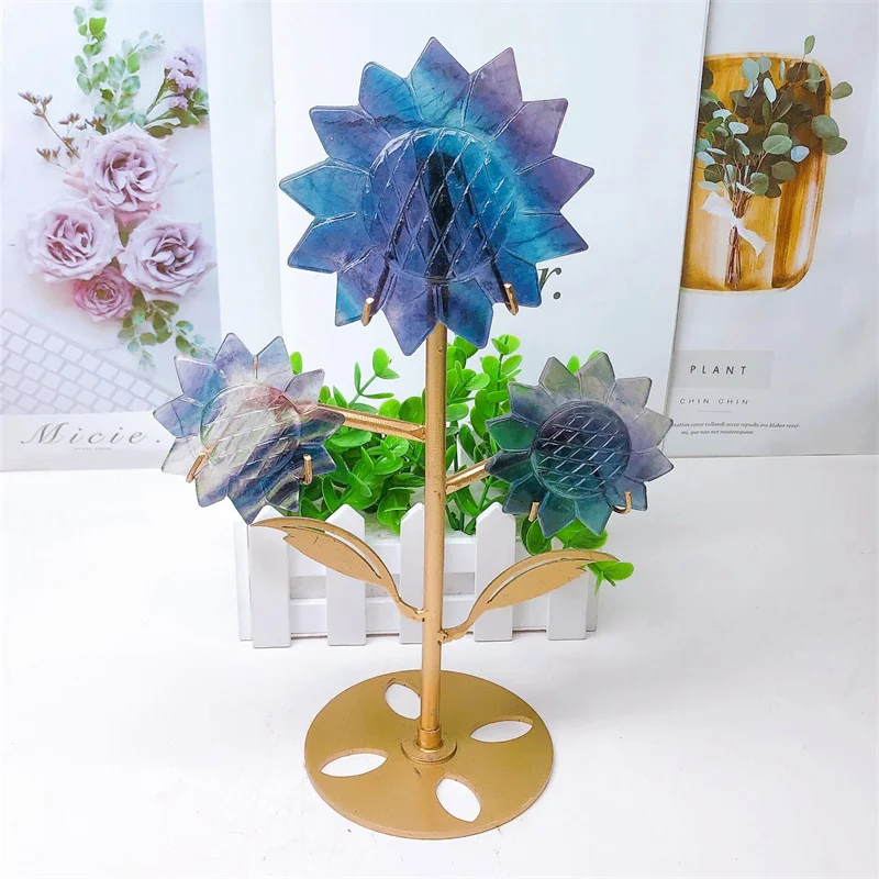 

Natural Fluorite Sunflower Crystal Carved Figurine Fashion Holiday Gift Quartz Carving Healing Home Decoration 1PCS