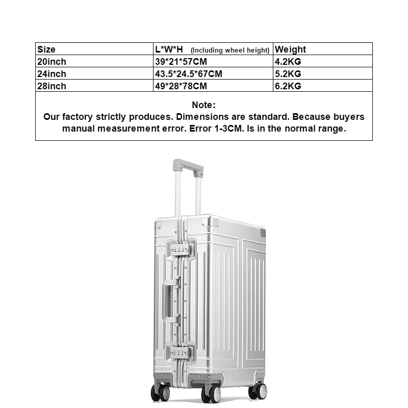 Travel Suitcase 100% Aluminum-Magnesium Alloy Rolling Luggage Trolley Luggage Carry-On Suitcase Top Quality Aluminum Luggage