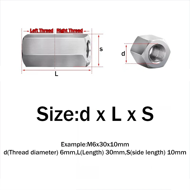 M3 M4 M5 M6 M8 -M20 304 Stainless Steel Left Right Thread Hex Rod Coupling Nuts Extension Joint Nut Screws Connection Thread Nut