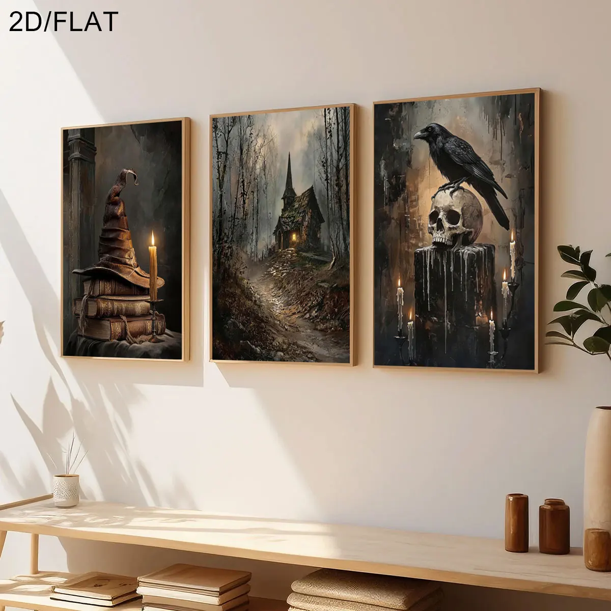 3pcs/Set Halloween Witch and Crow Canvas Poster - Unframed Spooky Canvas Prints Painting for Bedroom & Living Room Decorations