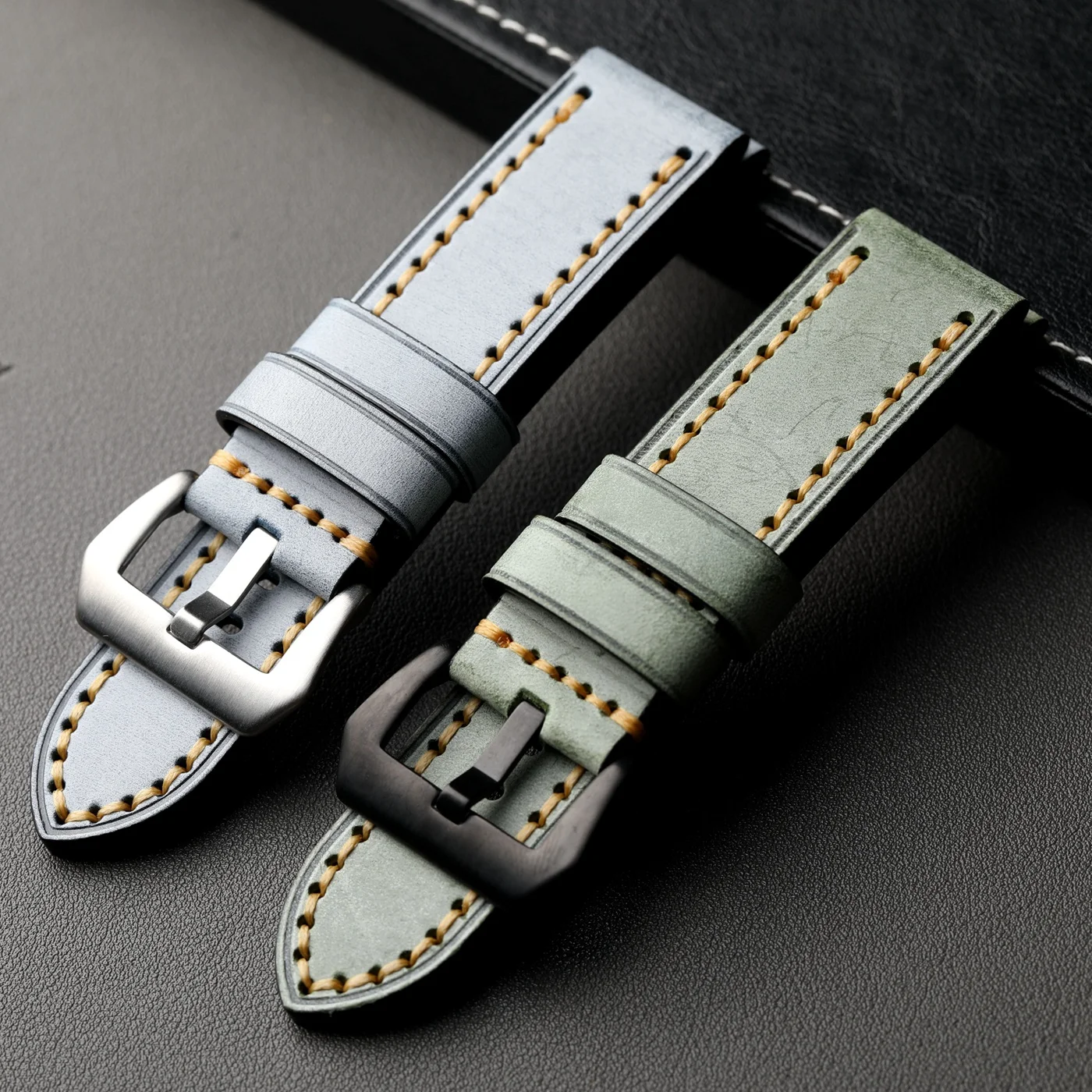 Bracelet en cuir de vache italien fait à la main, chaîne de montre en cuir véritable vert gris épais et résistant, couture à la main haut de gamme, 20MM 22MM 24MM