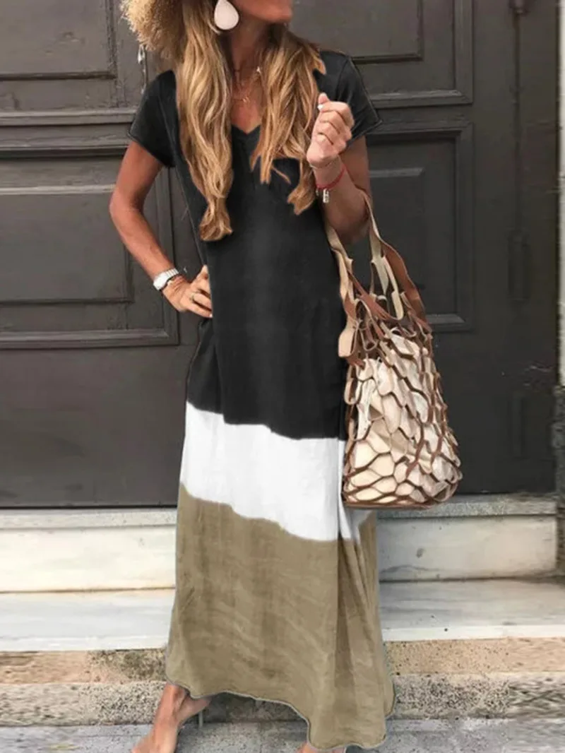 جديد وصول المرأة موضة فساتين طويلة الخامس الرقبة فستان كاجوال ملابس بأكمام قصيرة المرأة 2025 فستان طويل موضة جديدة المرأة BA8P