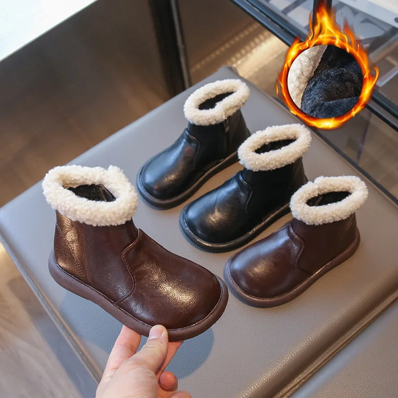 

Детские повседневные ботинки, ботильоны из искусственной кожи, однотонная зимняя обувь для девочек, теплая нескользящая черно-коричневая обувь, размер 26-36