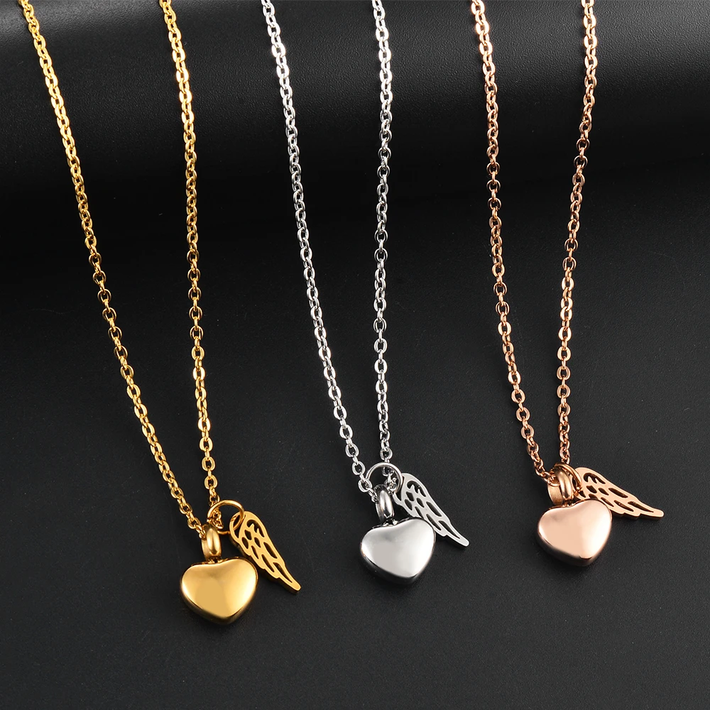 Stainless Steel Small Heart Angel Wing Cremation Ash Urn Necklace Heart Pendant For Memorial Jewelry