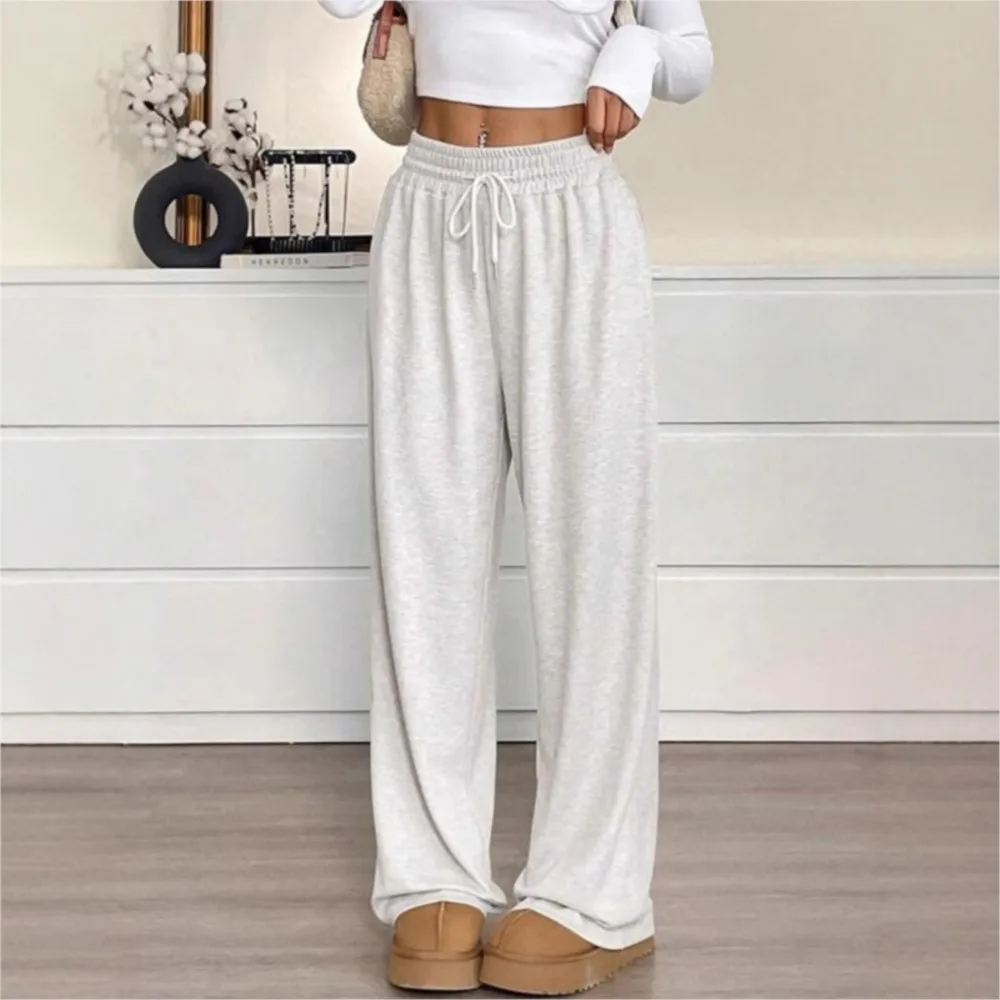 

Autumn Winter Women's Solid Color Casual Pants Loose Wide Leg Pants Drawstring Elastic Waisted Commuting Pants Pantalones