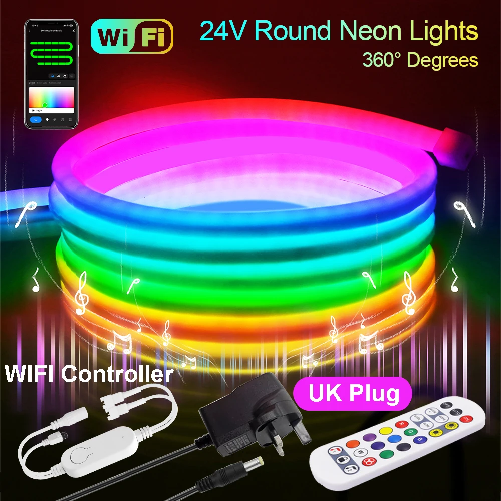 360 Ronde Neon LED Strip Licht 24 V WS2811 RGB IC Smart WiFi Bluetooth Afstandsbediening Waterdichte Neon Lichtslingers Vakantie decor