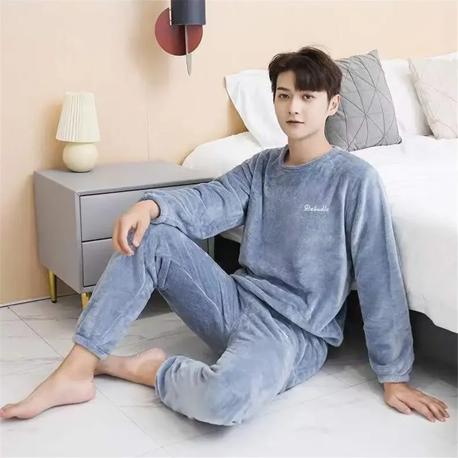 

2025 Men's Thick Flannel Pajama Sets Couple Casual HomeWear Soft Warm Long Sleeve Tops Long Pants Coral Velvet Sleepwear Suit