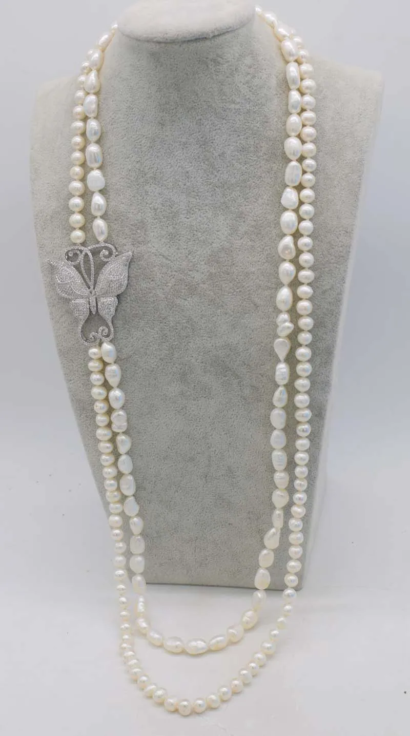 wow! 2rows freshwater pearl white baroque near round  butterfly pendant necklace 35-38inch