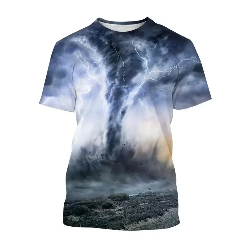 New Men's Summer Tornado Natural Landscape Pattern T-Shirt Casual Hd Print O Collar Short Sleeve Loose Plus Size Breathable Top