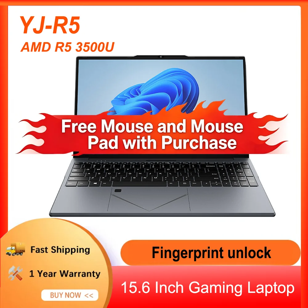 YJ‑R5 Fingerprint Laptop AMD R5 3500U 15.6" 60Hz Win11 Notebook DDR4 Max 32GB Dual‑SSD Slot 5000mAh Battery Gaming&Office Laptop