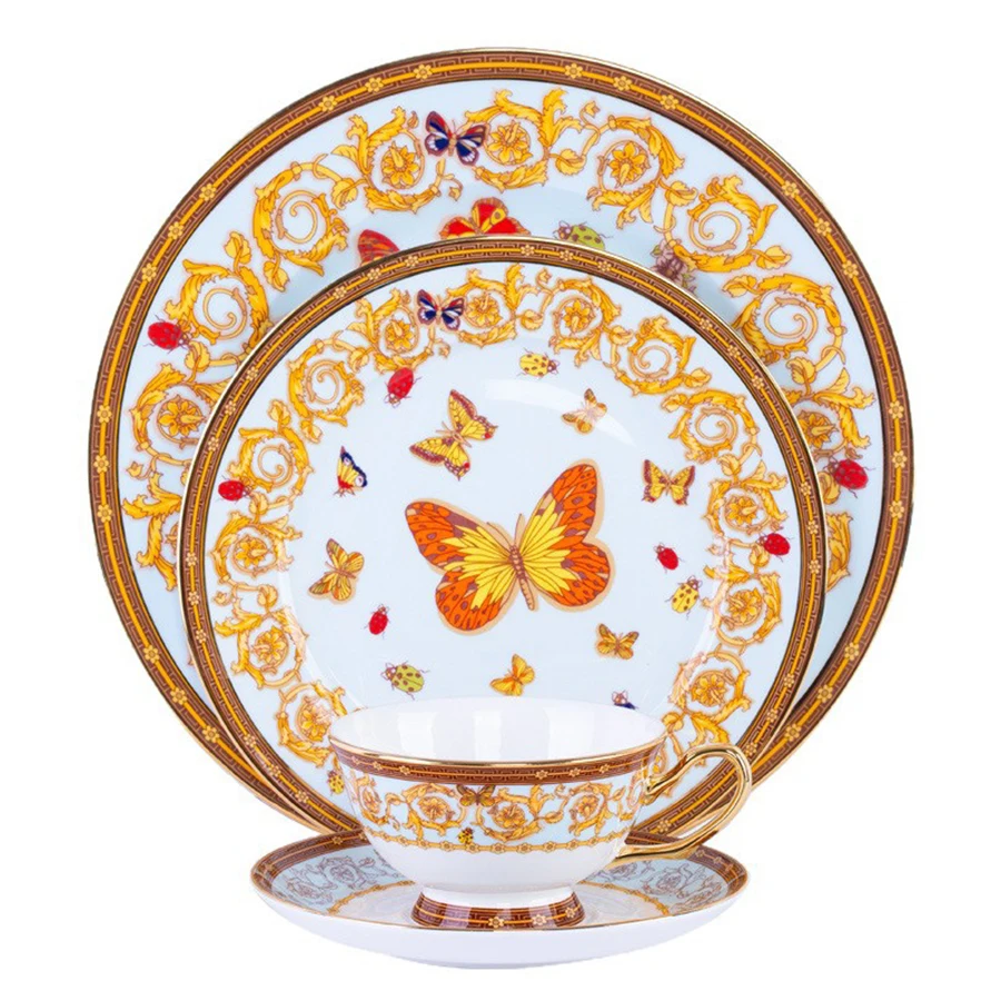 Dinner Dishes Bone China Western Food Plates Coffee Cup Saucer Set Luxury Dinner Tableware Set Steak Plates Cups and Saucers Kit