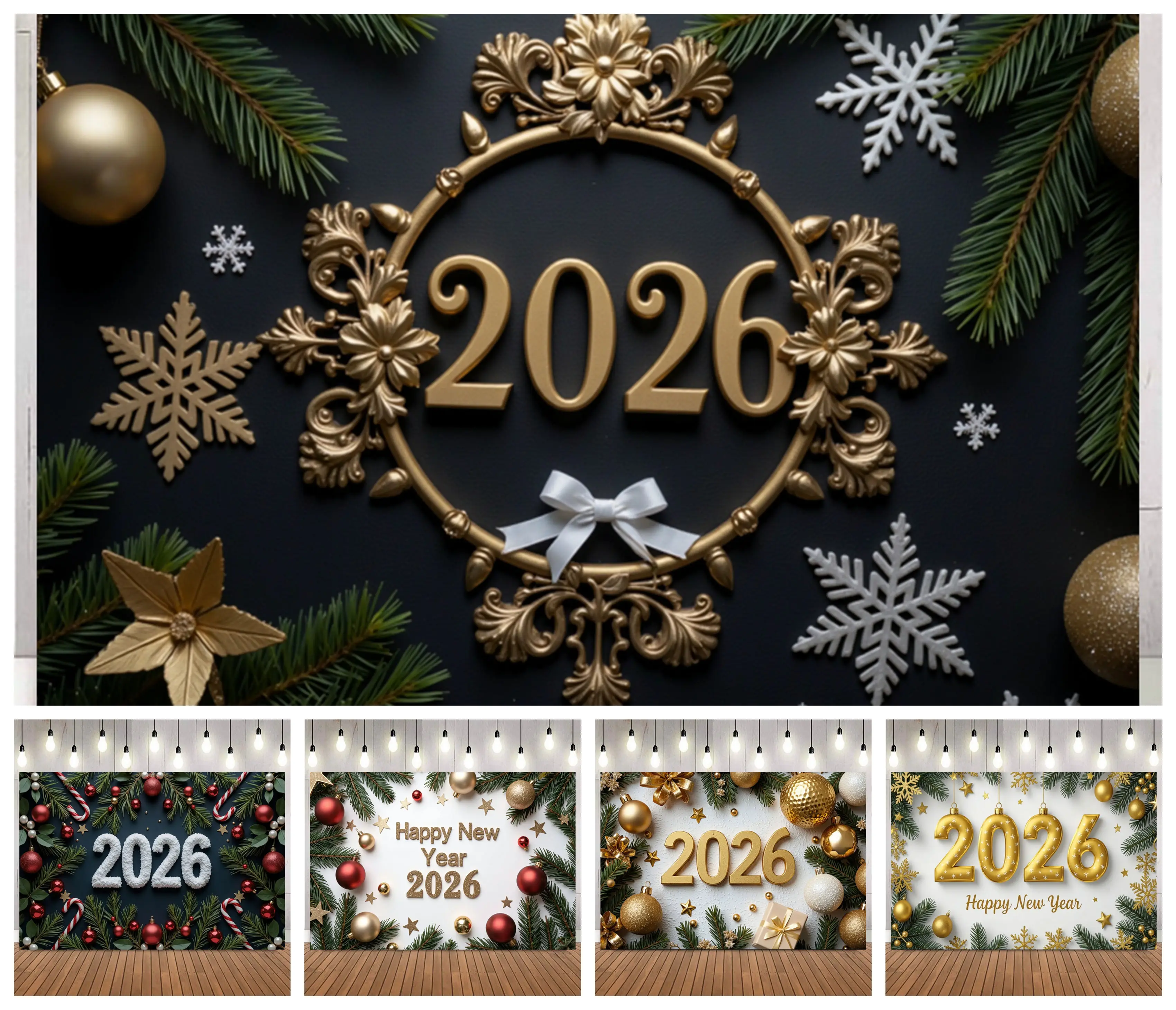 

Современный новогодний фон 2026, металлические цифры, рождественские шары, сосновая ветка, декор в виде снежинок, роскошный минималистичный фон для семейной вечеринки