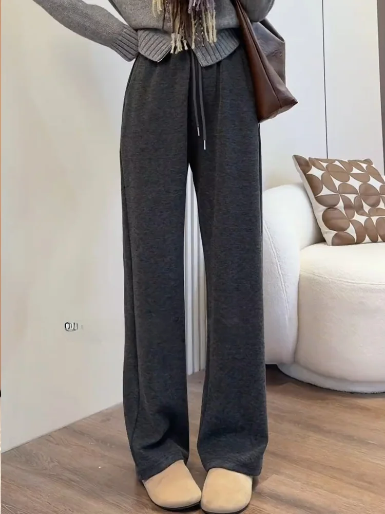 

Deep ey Slim Straight Leg Wide Leg Pants Winter Fce Lined High Waist Commute Sle Korean Faion Ladies Trousers