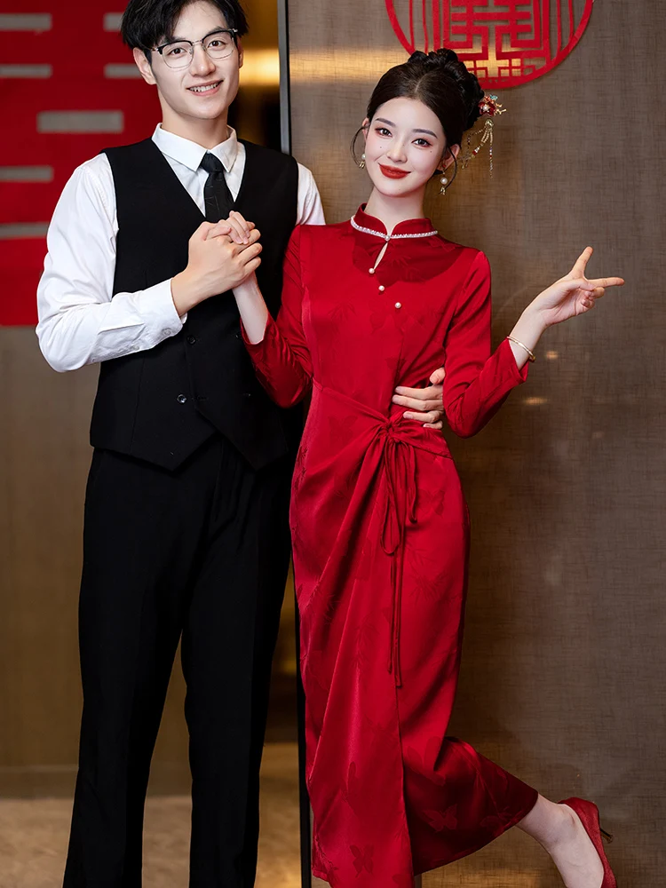 

New Chinese Sle Long Sve Qipao Wedding Dr Red Engagement Ceremony Dr for Bride Autumn Outfit Return Home Casual Wear