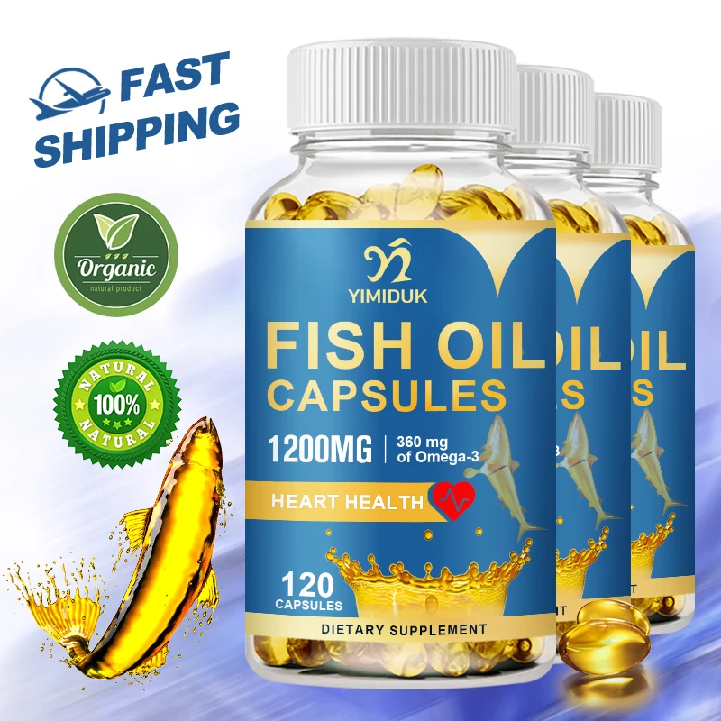 Omega 3フィッシュオイルカプセル、健康的なハートサポートサプリメント、120ソフトジェル、1200 mgカプセル、3サプリメント