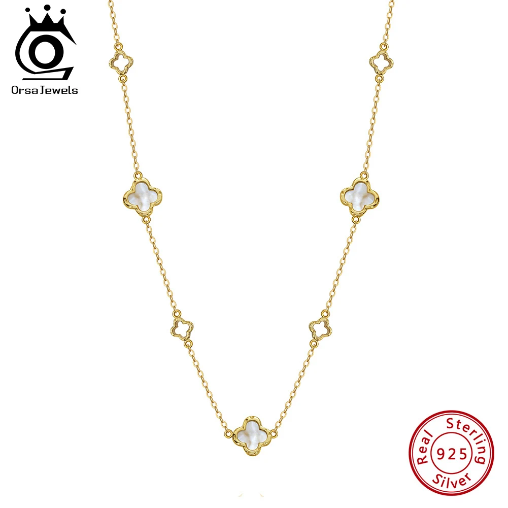 ORSA JEWELS Hollow Clover Luxury Chain Necklace Banquet Party Gift 925 Silver Four Flowers Clover Neck Jewelry Accessories GMN61