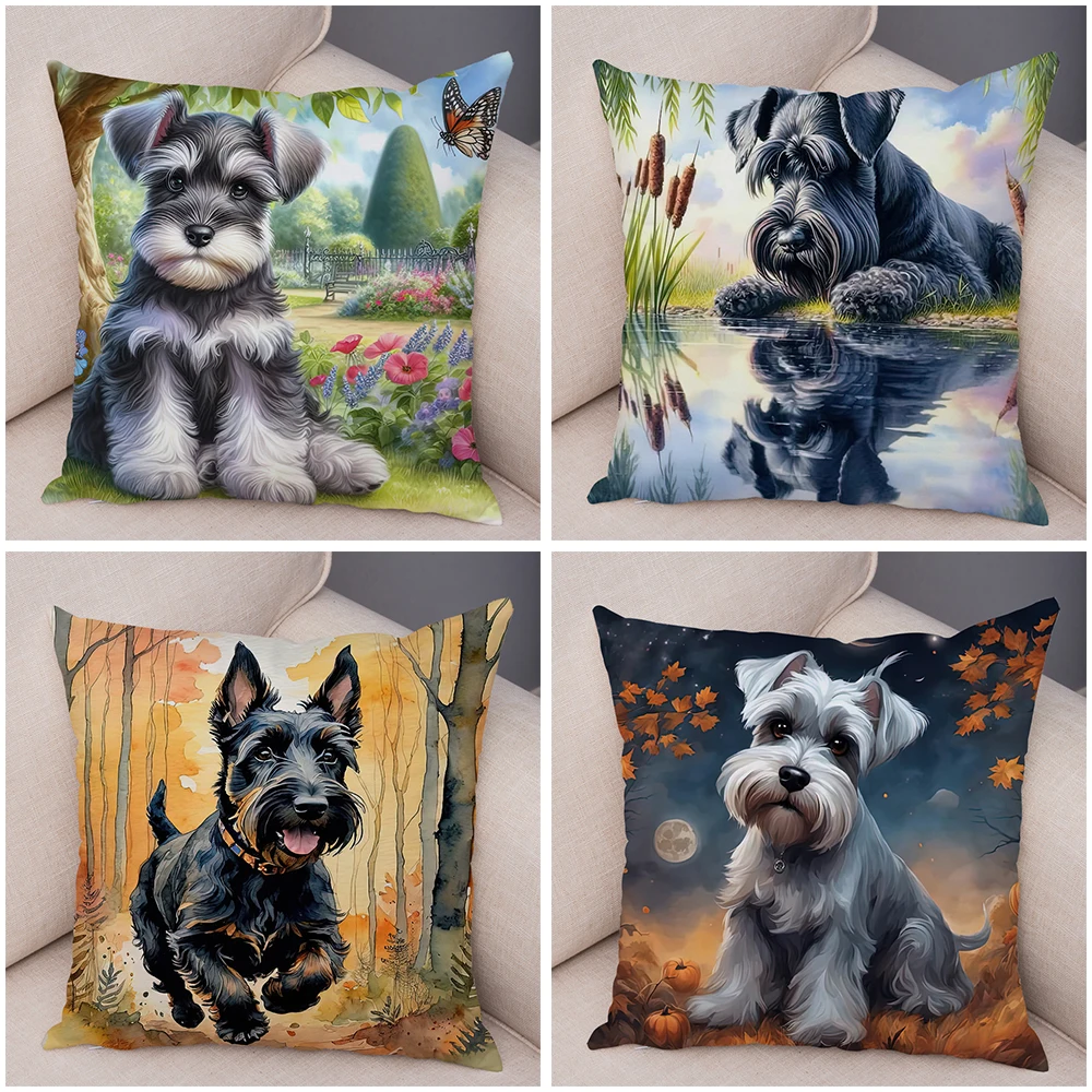 Cute Mini Schnauzer Dog Cushion Cover Home Double Print Decor Cartoon Pet Animal for Sofa Car Pillowcase Soft Plush Pillow Case