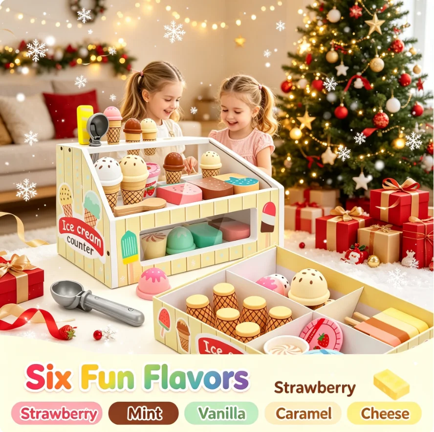 SOT Ice Cream Counter Playset For Kids Montessori Pretend Play Food Kitchen Accessories With Coin Role Play For Kids Girls Boys