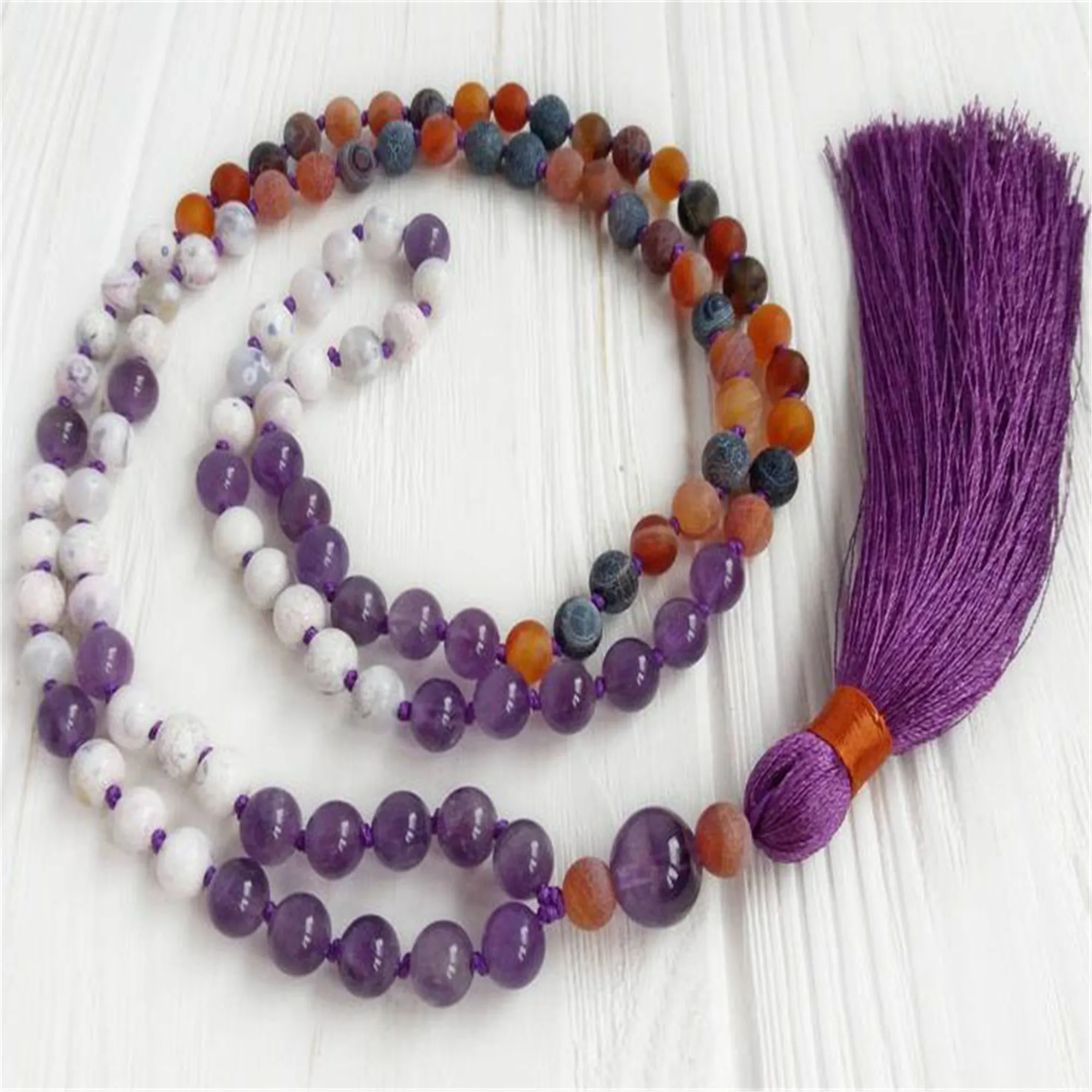 6mm Amethyst Agate 108 Beads Tassel Knot Necklace Opera length Spiritual Chakra Men Prayer Pendant Rustic Sacred wear Mala Yoga