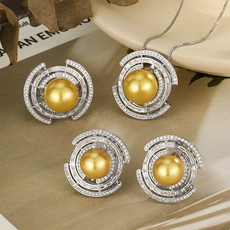 

Exquisite Adjustable Golden Pearl Jewelry with Circular Zircon Inlaid Design Ring Necklace Earrings for Women Party Daily Wear