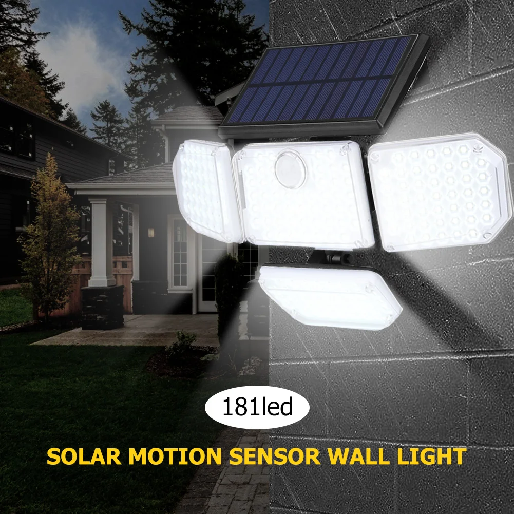 181 LED Solar Wall Light with 2400mAH 18650 Lithium Battery IP65 Waterproof Four-Sided Solar Yard Lights for Garden Porch Street