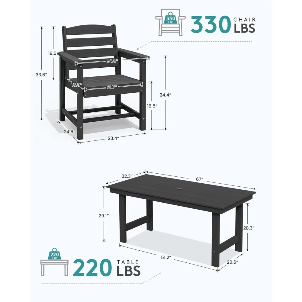 7-Piece Patio Dining Table Sets, Outdoor Dinings Furniture Set with Umbrella Hole Cut-Out Tables and 6 Chairs, Dining Table Set