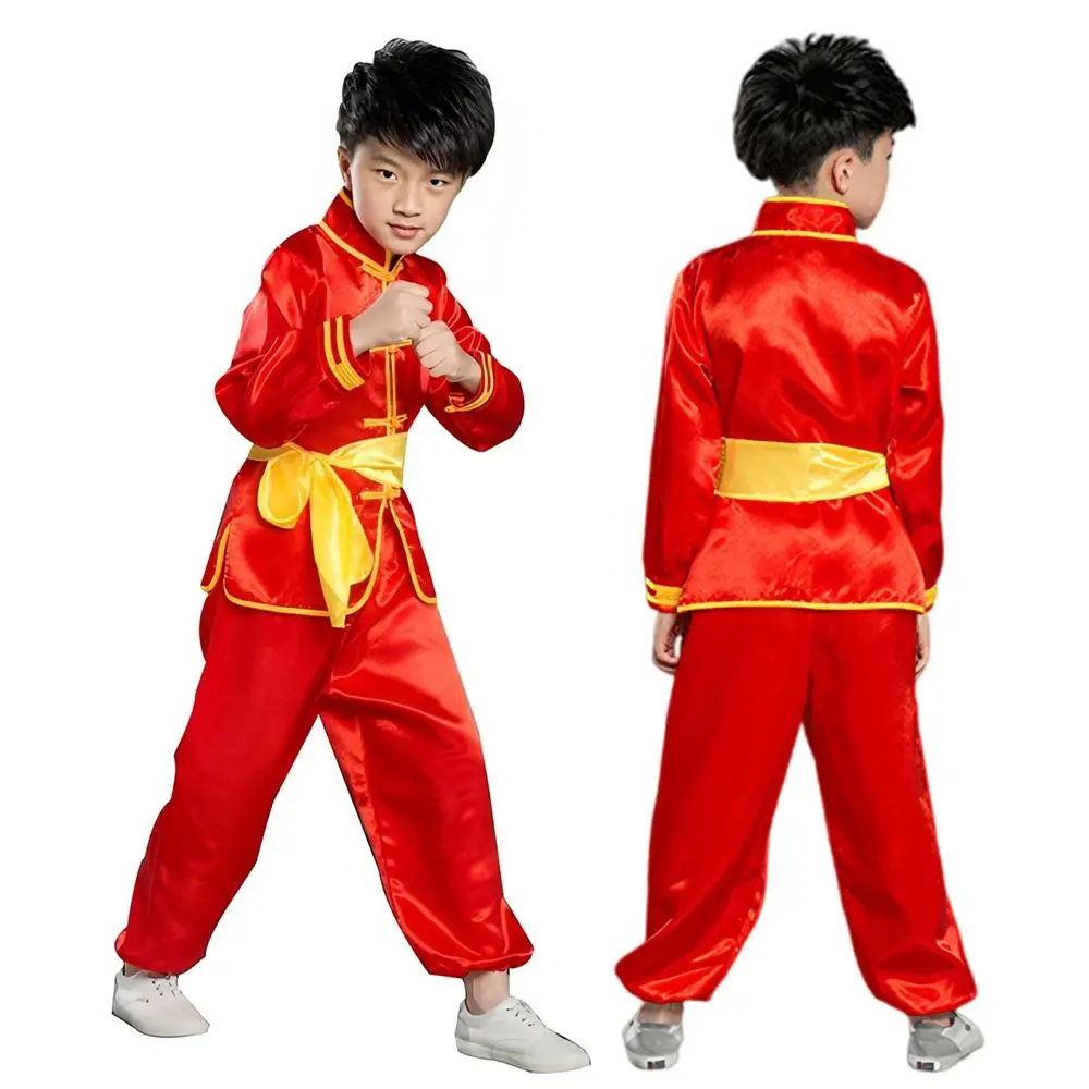 Tradycyjny chiński strój wushu z paskiem, długi rękaw, uniform kungfu, strój do występów wushu, tradycyjne stroje dla dzieci, chłopców i dziewcząt.