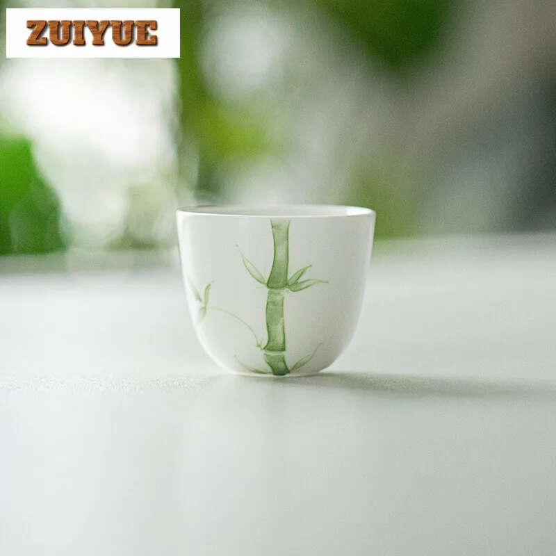 

2pc/set Jade Mud Handmade Master Cup Household Handpainted Green Bamboo Teacup Aesthetic Mug Fragrance Bowl Tea Collection 65ml