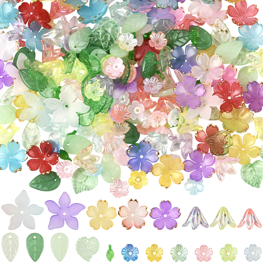 1 Box Acrylic Flower and Leaf Beads Assorted Floral Beads Kit Green Pink Small Cute Spring Cherry Lily Caps Blossom Spacer