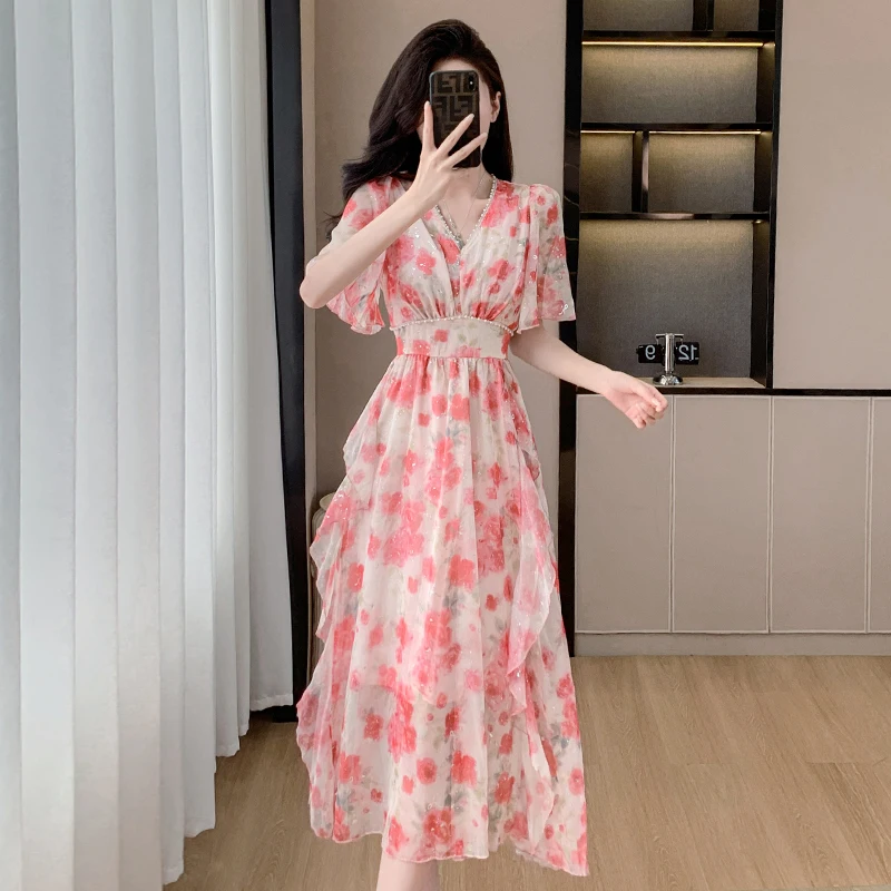 

2025 New Summer Women Sexy V-Neck Short Sleeve Slim Long Dress High Quality Beading Sweet Ruffles Big Hem Floral Dress