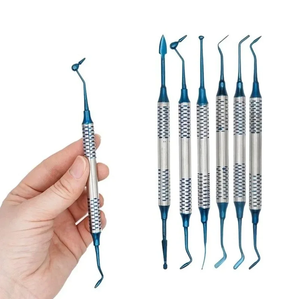 6-teiliges Manuelles Dental-Komposit-Füllspatel-Set Titanbeschichtet Doppelkopf Dickgriff Füller Restaurations-Zahnarztwerkzeuge – Detail 1