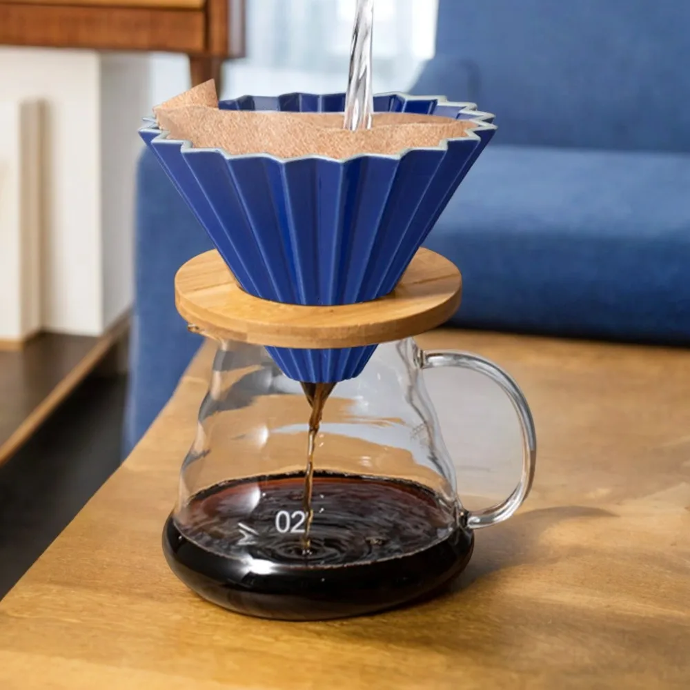 Reusable Ceramic Coffee Filter Cup with Wood Stand, Funnel Dripper, and Cake Filter - Stylish Coffee Maker Accessories