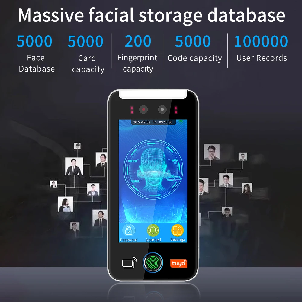 5000 مستخدم 5 بوصة تعمل باللمس Lcd 2MP كاميرا البيومترية التعرف على الوجه واي فاي التحكم في الوصول الموظف وقت الحضور سحابة مجانية API MQT