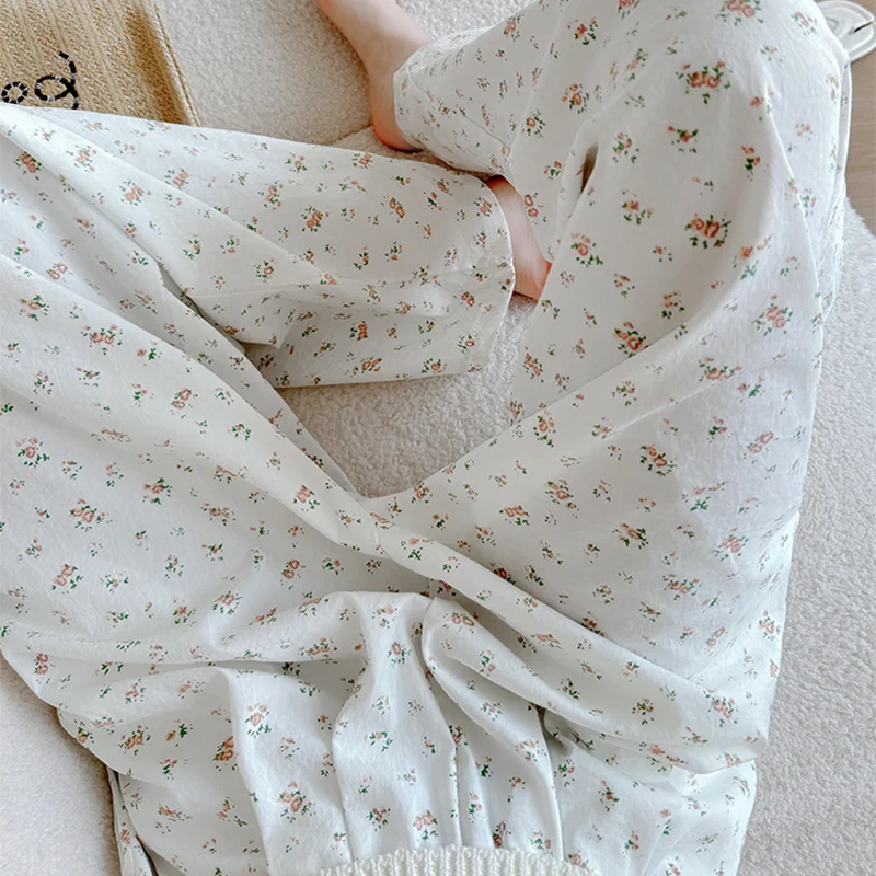 한국어 꽃 패턴 흰색 긴 바지 여성 탄성 높은 허리 바지 여성 봄 가을 느슨한 넓은 다리 바지 mujer