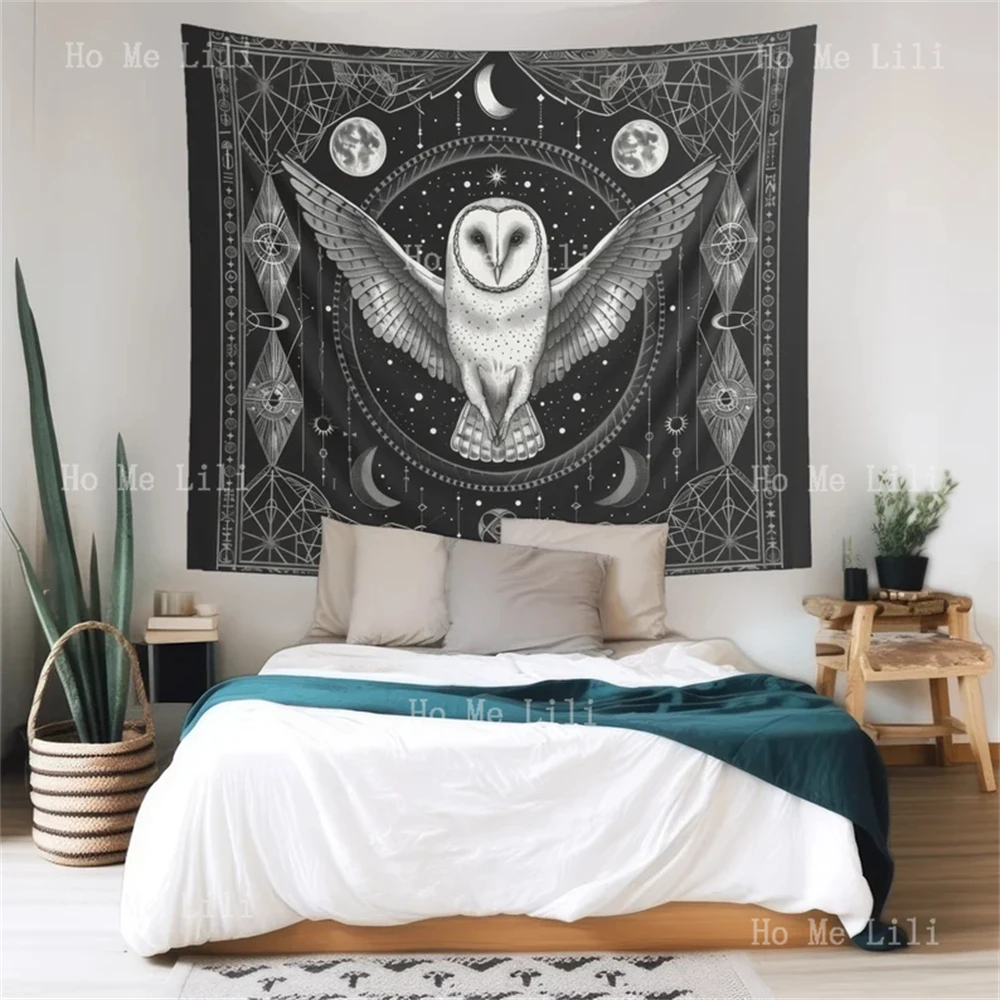 White Barn Owl Wall Tapestry Dark Occult Design Sacred Geometry Aesthetic Enchanting Bedroom Livingroom Decor