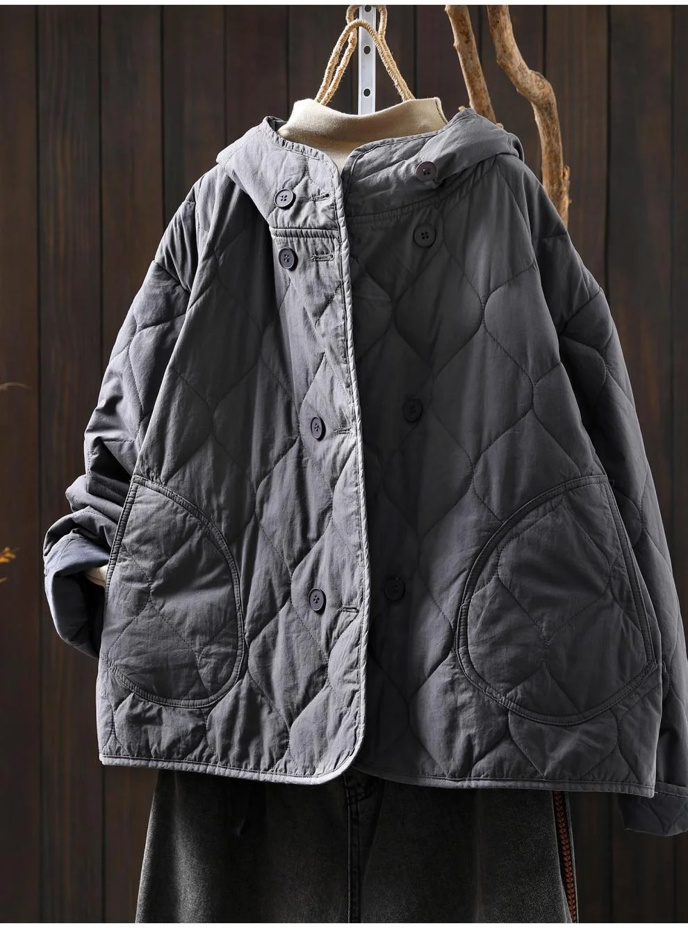 Buste 124 cm puur katoenen gewatteerde jas voor dames Japanse stijl herfst lente jas met capuchon en lange mouwen uitloper