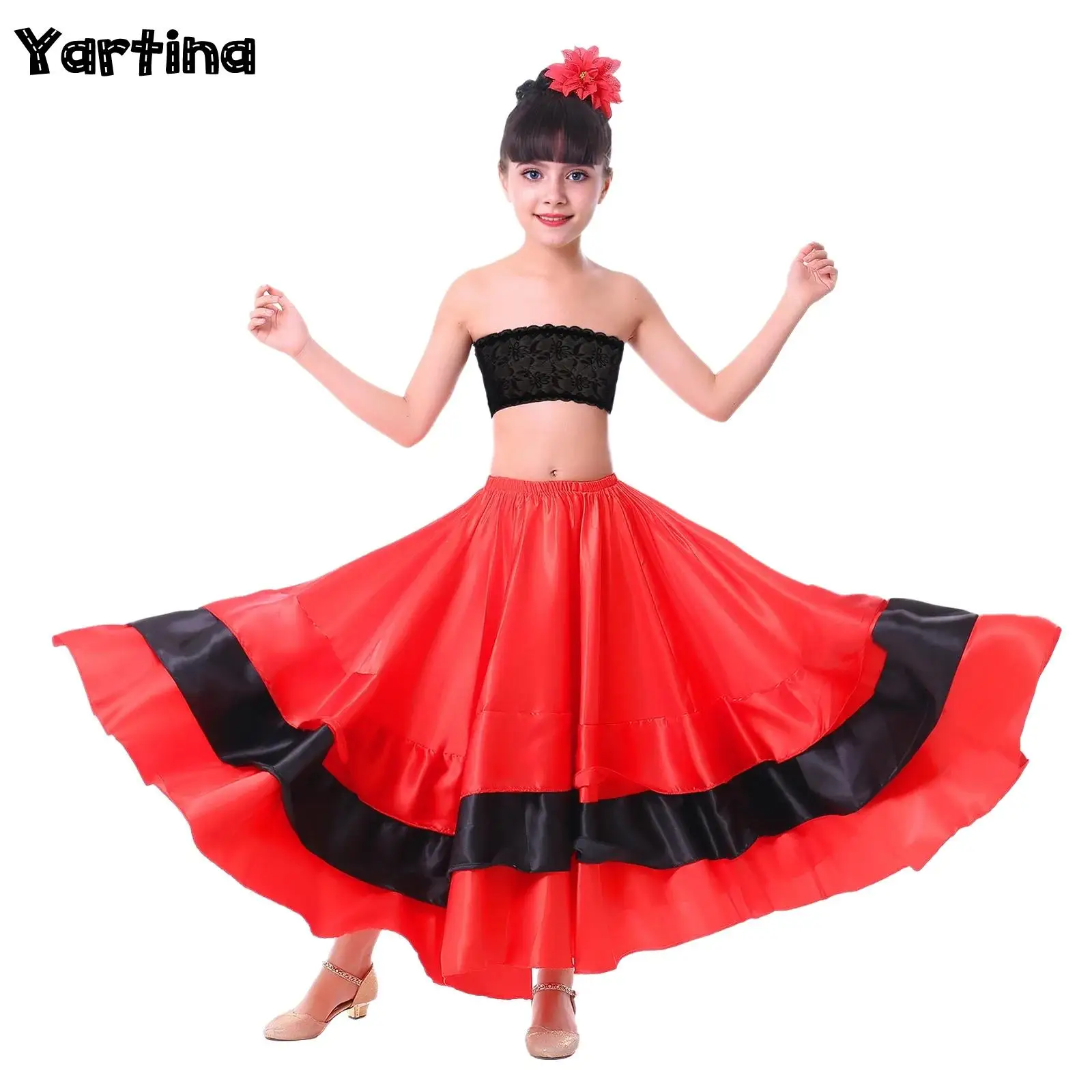 Crianças meninas flamenco espanhol tango salão de baile dança latina desempenho traje renda tubo superior com em camadas plissado tourada saia