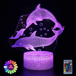 3D 터치 LED 야간 조명 돌고래 고래 책상 램프 아이 방 장식, USB 전원 원격 제어 색상 변경 야간 조명 선물