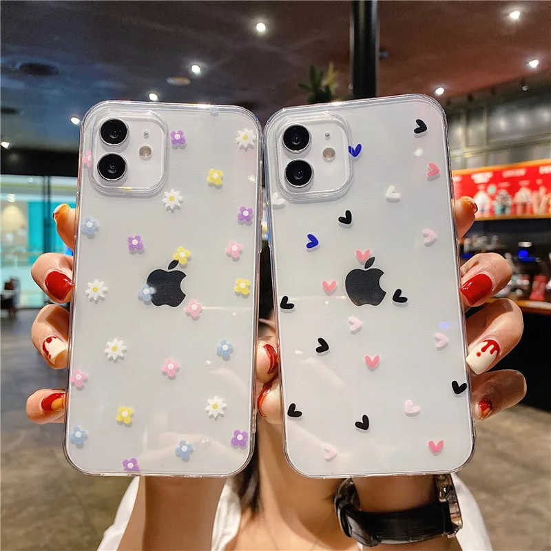 LUPWAY Phone Case For iPhone 11 Pro Max 12 13 Mini 7 8Plus X XR XS Max Transparent Cute Cartoon Love Heart Soft TPU Mobile Cover