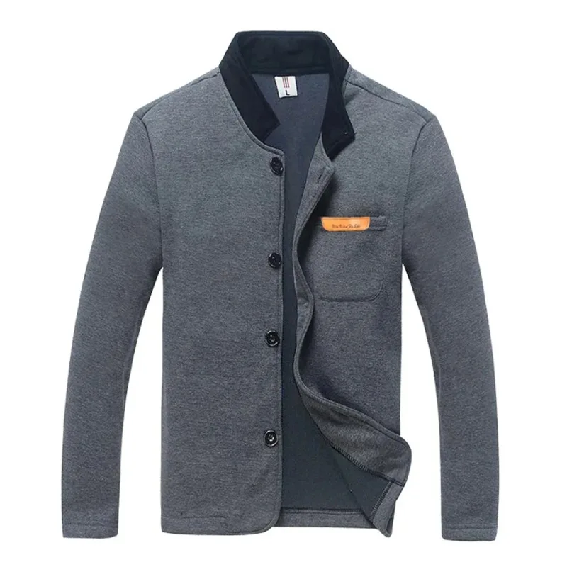 Spring 2023 Fashion Men Jacket Thin Cardigan Autumn Stand Collar Jacket Pocket Buttons Coat Long Sleeve Warm Casual Outwear Grey