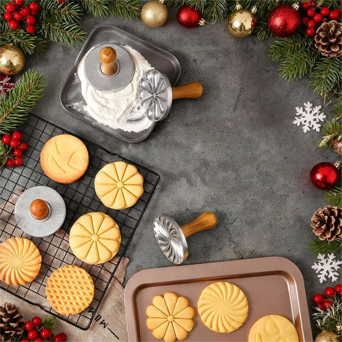 2026 New 3pcs Cookie Stamps, Metal Christmas Cookies Cutter Mold with Wooden Handle, Cookie Decorating Supplies