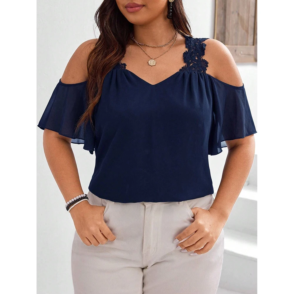 

Plus Size Embroidery Hollow Out Women's Blouse Solid Sexy Deep V-Neck Tierred Mesh Loose Summer Female Short Sleeves Tops Shirts